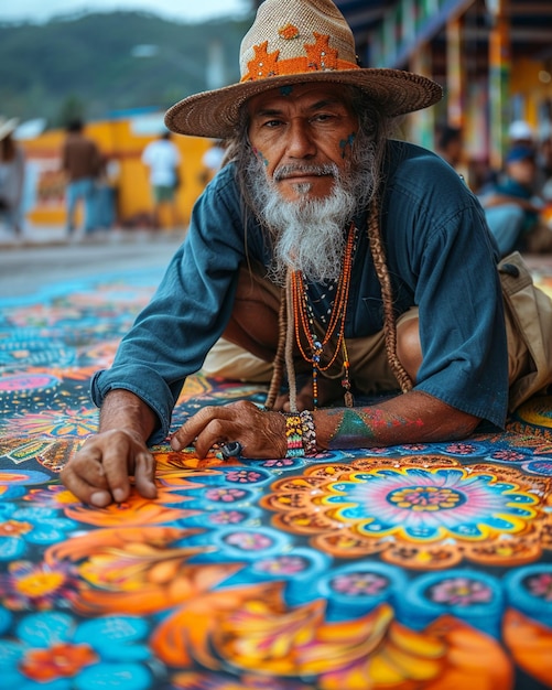 Photo a street artist creating elaborate flower background