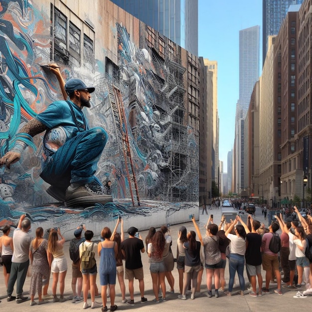 Street Artist creating a large mural on a city wall street painter painting on a city wall