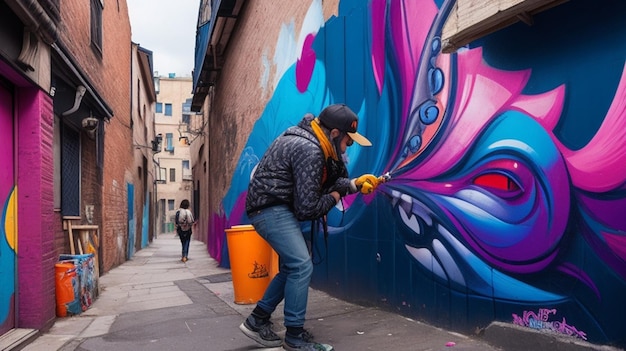 Street Artist Painting a Vibrant Mural in an Alley