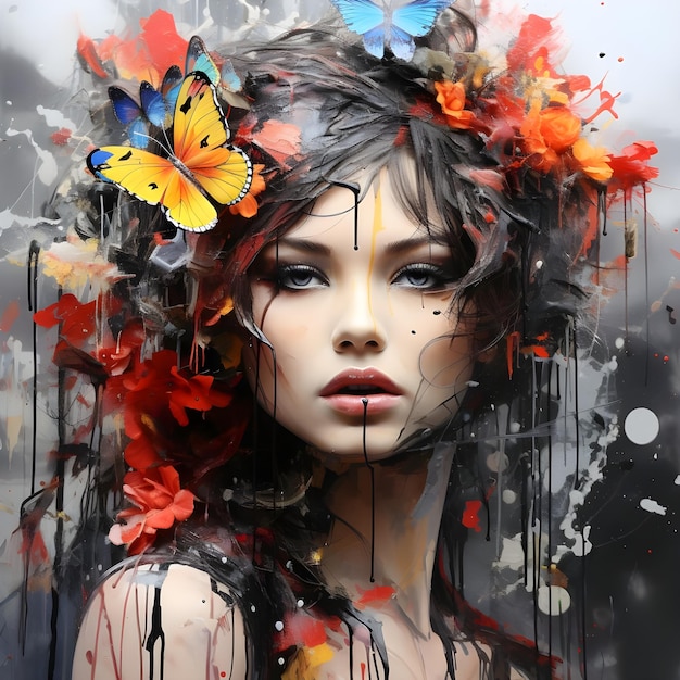 A street artstyle graphic of a fairy with a black and white add splashes of color