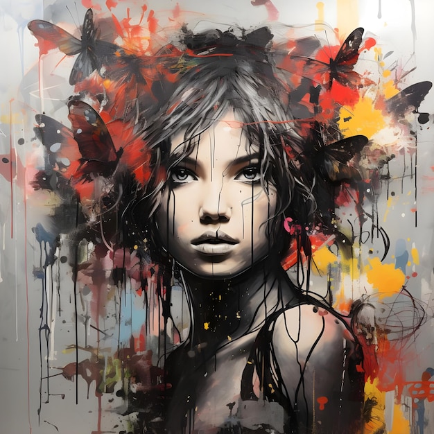 A street artstyle graphic of a fairy with a black and white add splashes of color