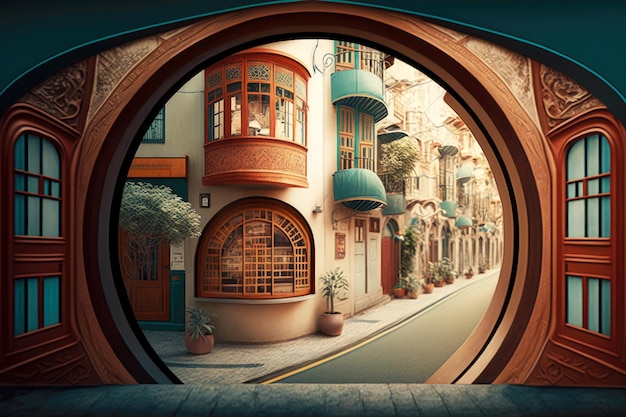 Street in asian city with arched windows in house on panoramic background