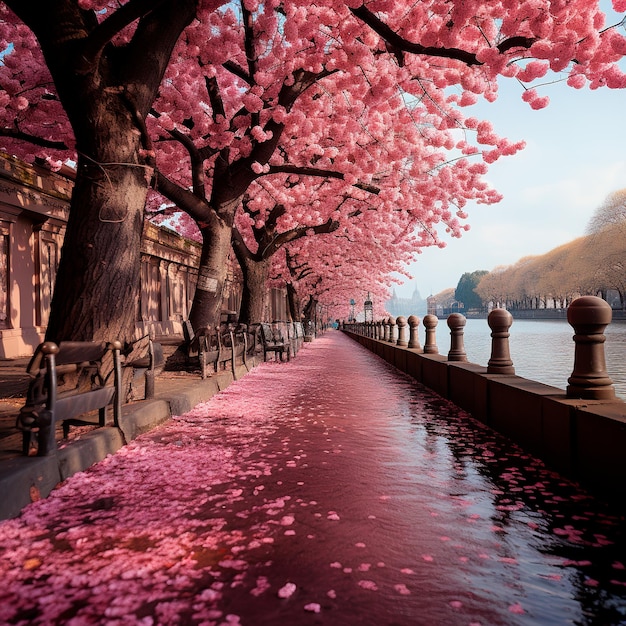 Фото Фоновое изображение улицы с розовыми цветочными деревьями в германии