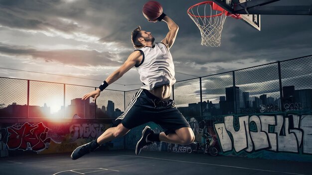 Street basketball player making a powerful slam dunk on the court athletic male training outdoor