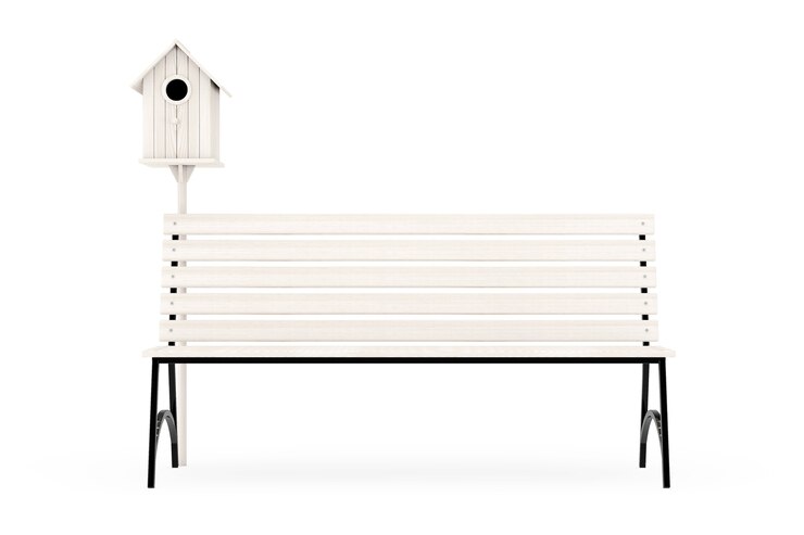 Photo street bench with wooden birdhouse on a white background. 3d rendering.