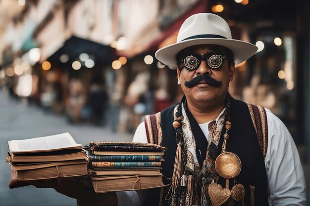 Street book seller in a mask sells old books at a street market