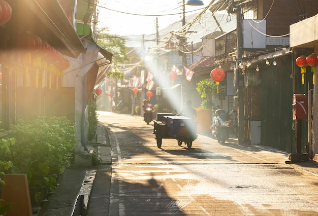 Street in Bophut Fisherman's village in the early morning at sunsise Samui Thailand