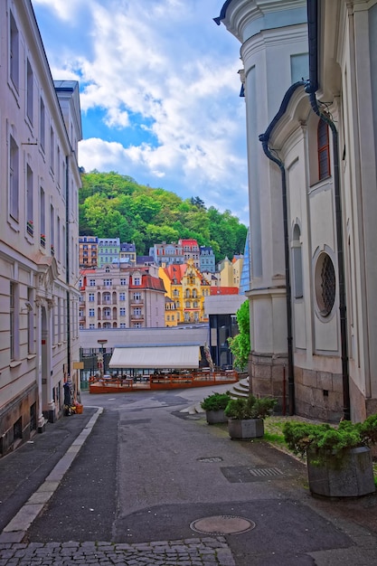 Street and building architecture in Karlovy Vary, Czech republic