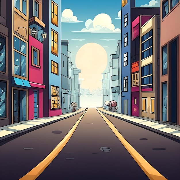 Street in the center of the city Vector illustration in cartoon style