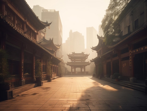 A street in a chinese city with a building in the background