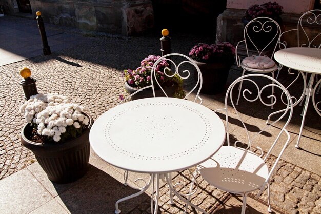 Street city cafe restaurant with table and chair