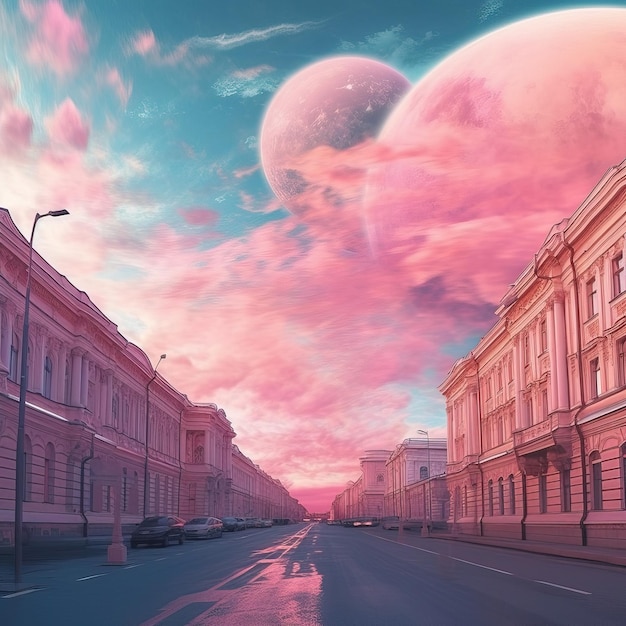 A street in the city with a pink sky and a pink planet.