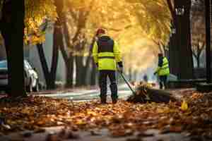 Photo street cleaners sweeping fallen leaves outdoors on autumn day generative ai illustration