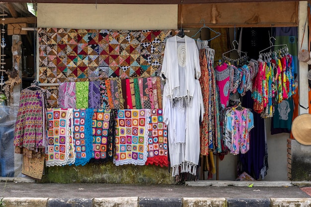 Street clothes shop and souvenirs close up Island Bali Indonesia