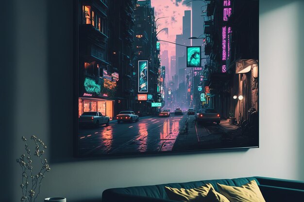 Street in a cyberpunk city space wallpaper Scene of a futuristic metropolis in pixel art fashion 1980s wall decor future retro urban setting