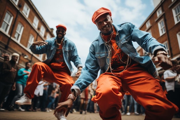 Photo street dance duo synchronizing their movements in a public square generative ai