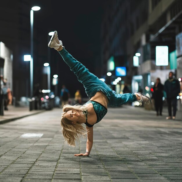 Foto ballerina di strada danza breakdance sulla strada serale