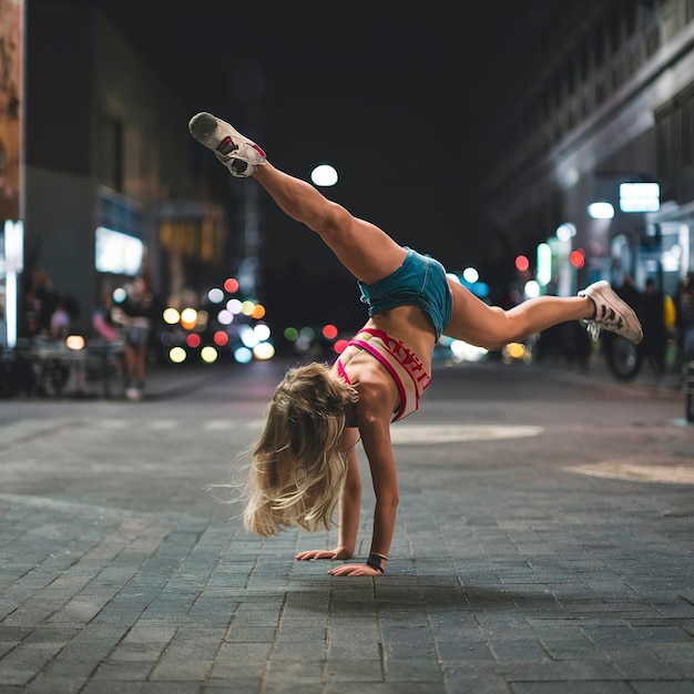 写真 ストリートダンサーの女の子が夕方の通りでブレイクダンスを踊る