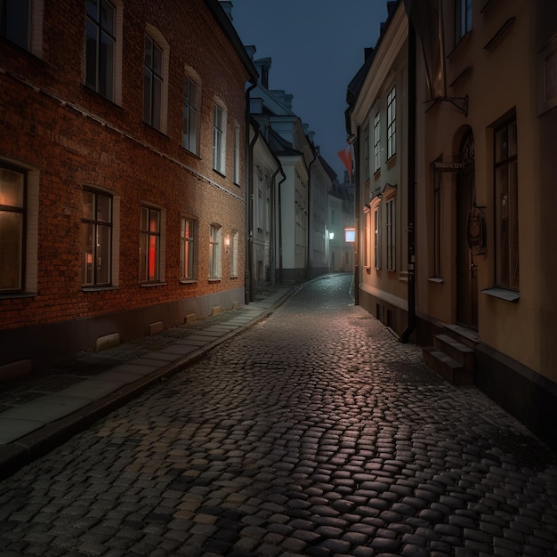 A street in the dark with a light on it