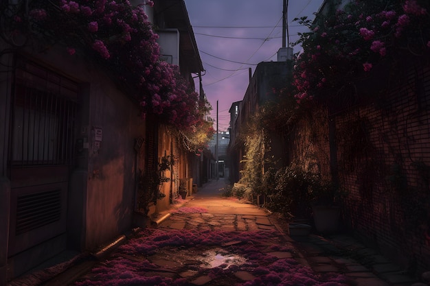 A street in the dark with a purple sky and flowers