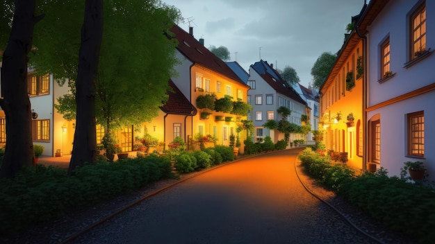 Photo a street in the evening with a row of houses and a sign that says'i love you '