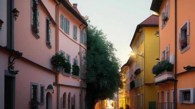 A street in the evening with a yellow building and a tree in front of it.