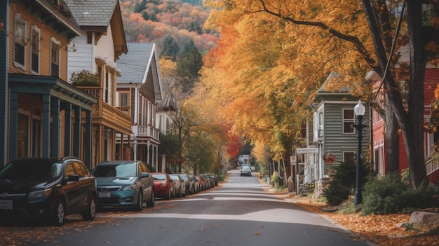 A street in the fall with a row of cars and a sign that says'autumn '