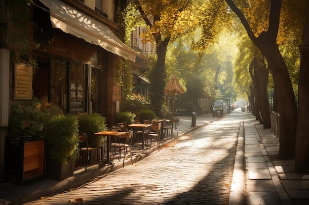 A street in the fall with a sign reading cafe