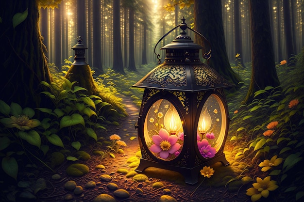 street fantasy lantern in the forest lantern in the shape of a flower