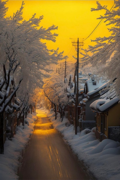 Street filled with lots of snow covered trees generative ai