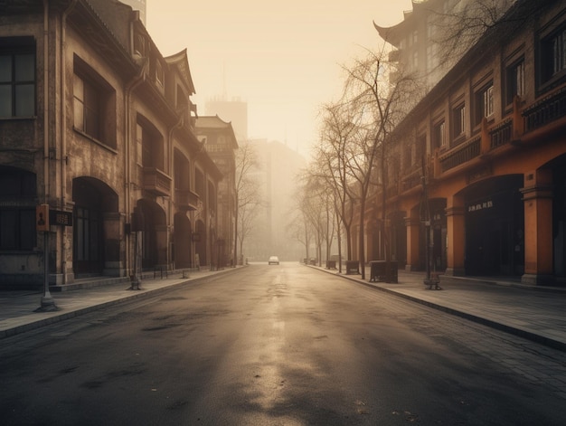 A street in the fog with a car on it