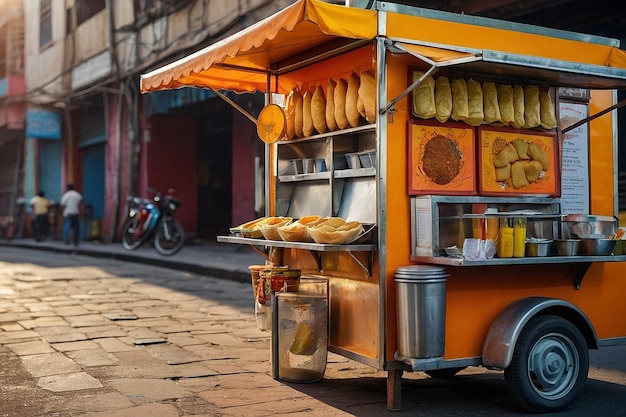 Photo a street food cart with pani puris and various condi