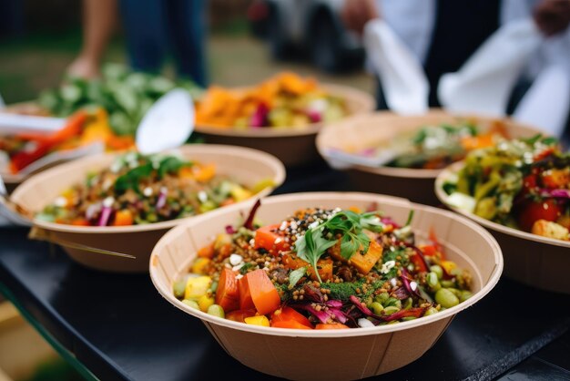 Photo street food festival catering service vegetable salads in paper plates sold outdoors at market place