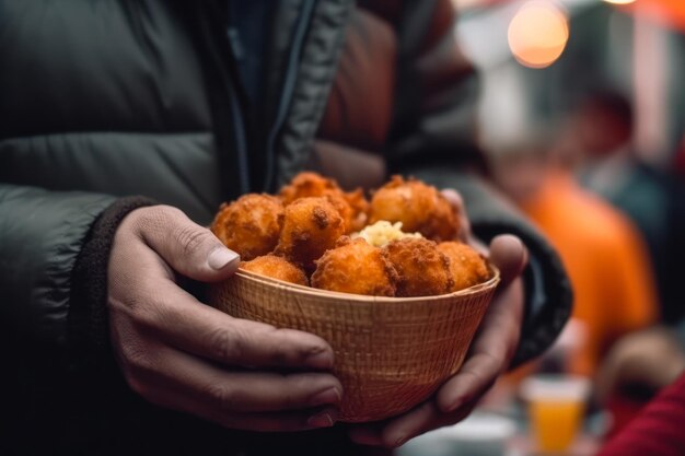 Уличная еда держит в руках жареные куриные наггетсы в тарелке, генерирующая ай