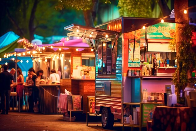 a street food market with various food trucks Created with generative AI technology