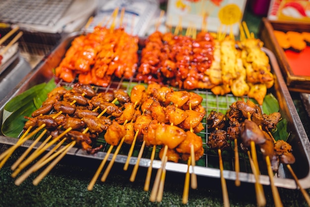 Street food markets skewers and BBQ on the island