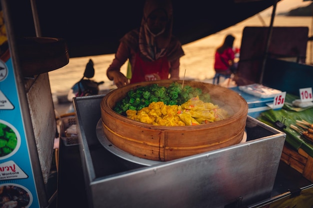 Street food at the sea in the evening