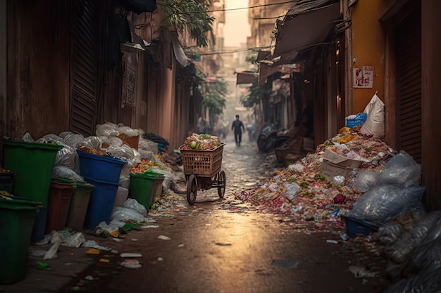 Street full of overflowing garbage after large food market