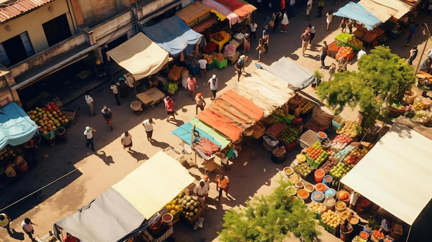 a street full of people and fruits