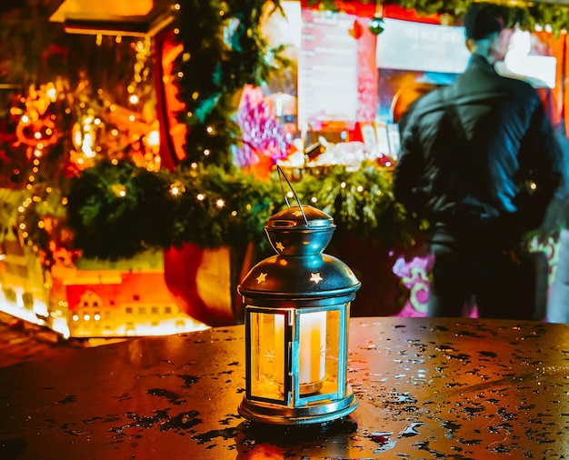 Street glass lamp with candle at Christmas Market at Winter Riga, Latvia. Advent Fair Decoration and Stalls with Crafts Items on the Bazaar. Latvian street Xmas and holiday