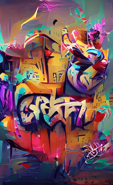 Street graffiti, abstract words on the wall. Graffiti drawing with bright colors, paint. Illustration