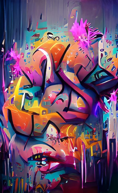 Photo street graffiti abstract words on the wall graffiti drawing with bright colors paint illustration