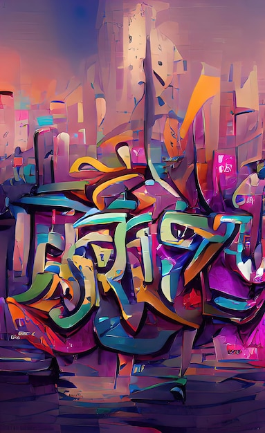 Photo street graffiti abstract words on the wall graffiti drawing with bright colors paint illustration