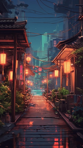 A street in japan with a lantern hanging from the ceiling