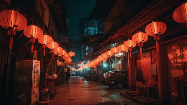 A street in japan with red lanterns on the walls