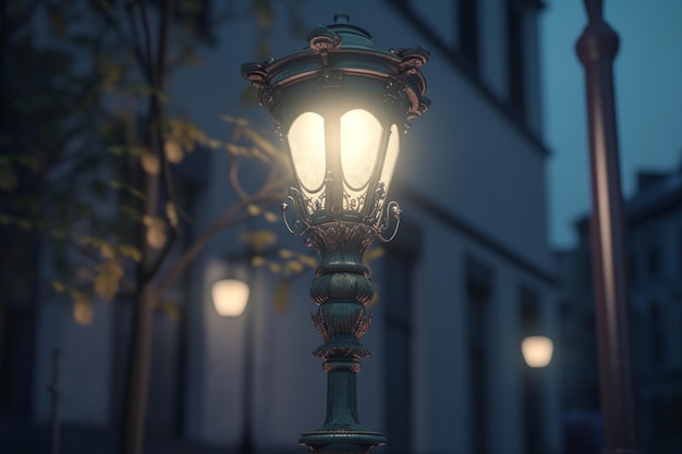 A street lamp in a dark city at night.