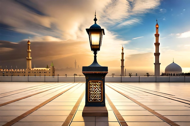 A street lamp on a rooftop with a mosque in the background