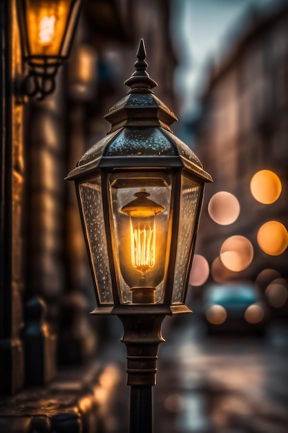 A street lamp with a light on it