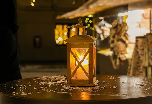 Street lantern in Christmas market in night Riga, Latvia, East Europe.