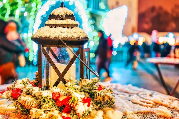 Street lantern on Christmas market in Vilnius in Lithuania.